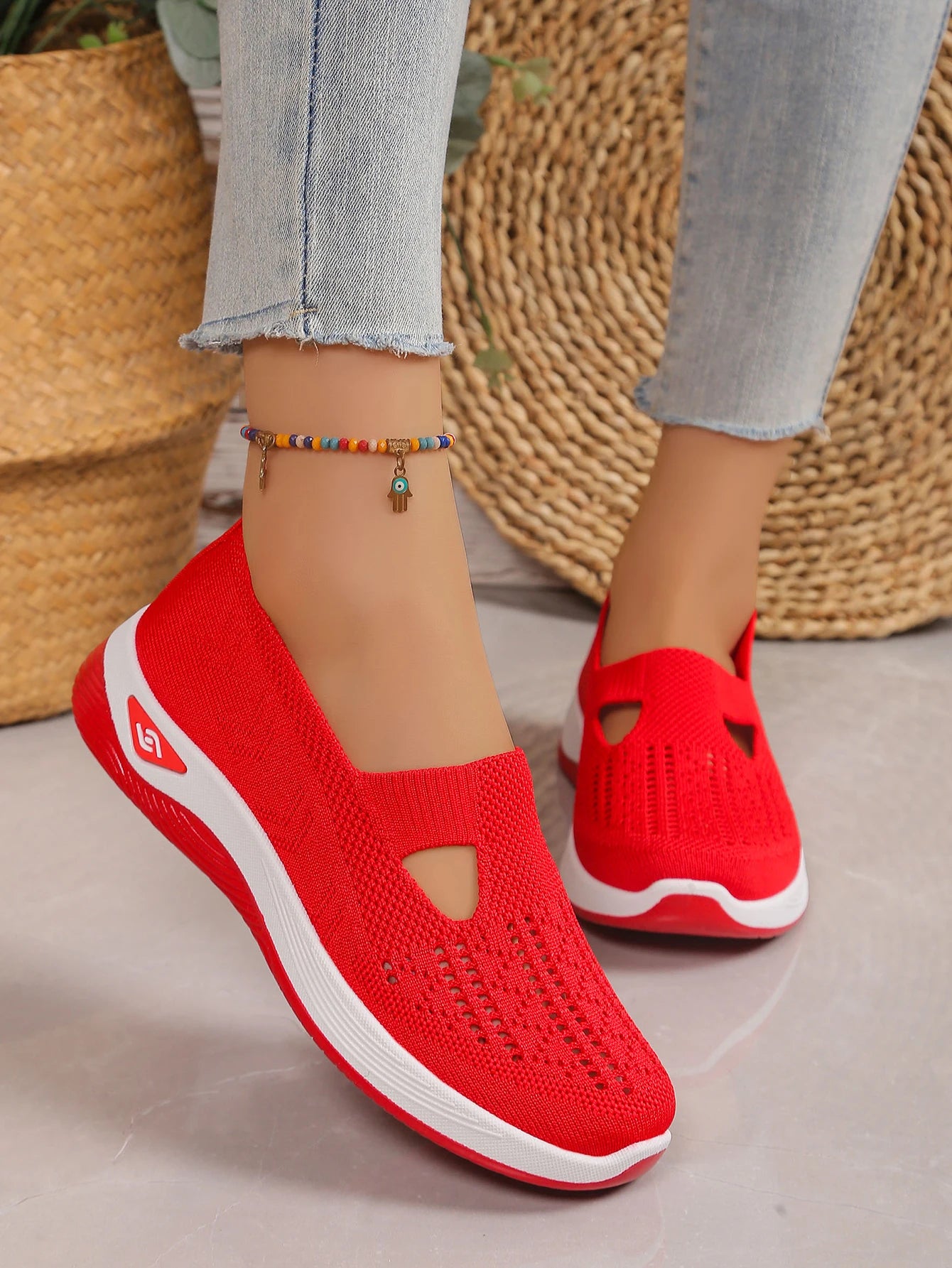 Women's Solid Color Breathable Sneakers, Soft Sole Lightweight Slip On Walking Shoes, Low-top Knitted Casual Shoes