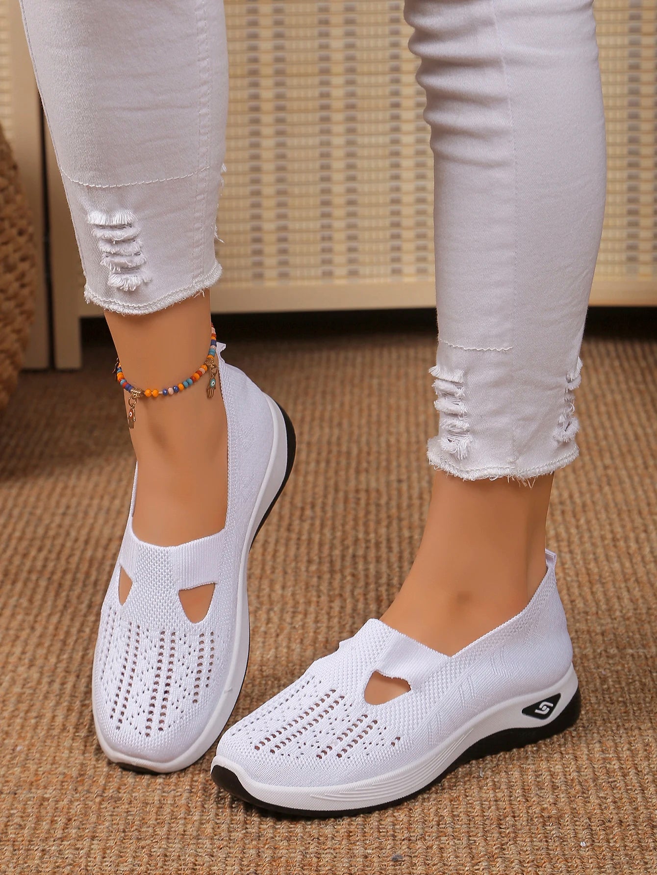 Women's Solid Color Breathable Sneakers, Soft Sole Lightweight Slip On Walking Shoes, Low-top Knitted Casual Shoes