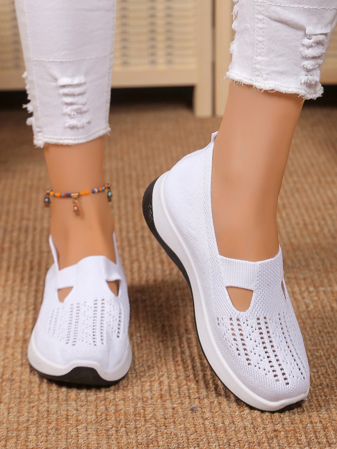 Women's Solid Color Breathable Sneakers, Soft Sole Lightweight Slip On Walking Shoes, Low-top Knitted Casual Shoes